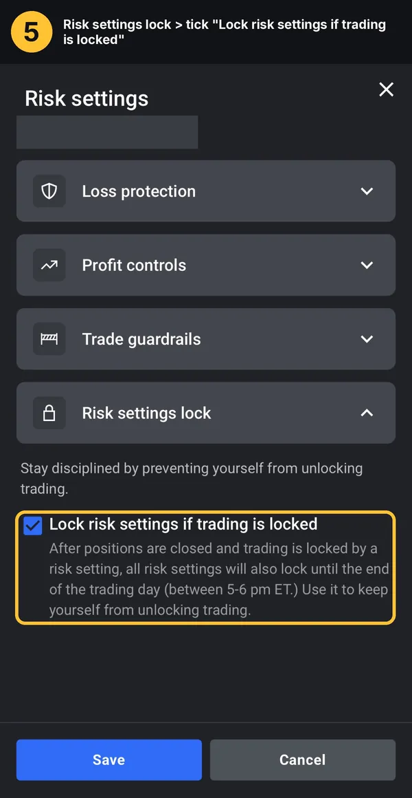 Risk settings lock section with Lock risk settings if trading is locked ticked